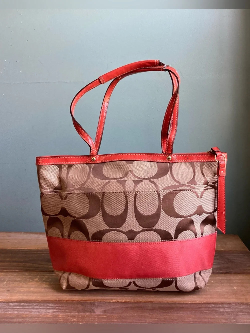 Y2K Coach Signature Stripe Canvas Leather Tote Bag F19046